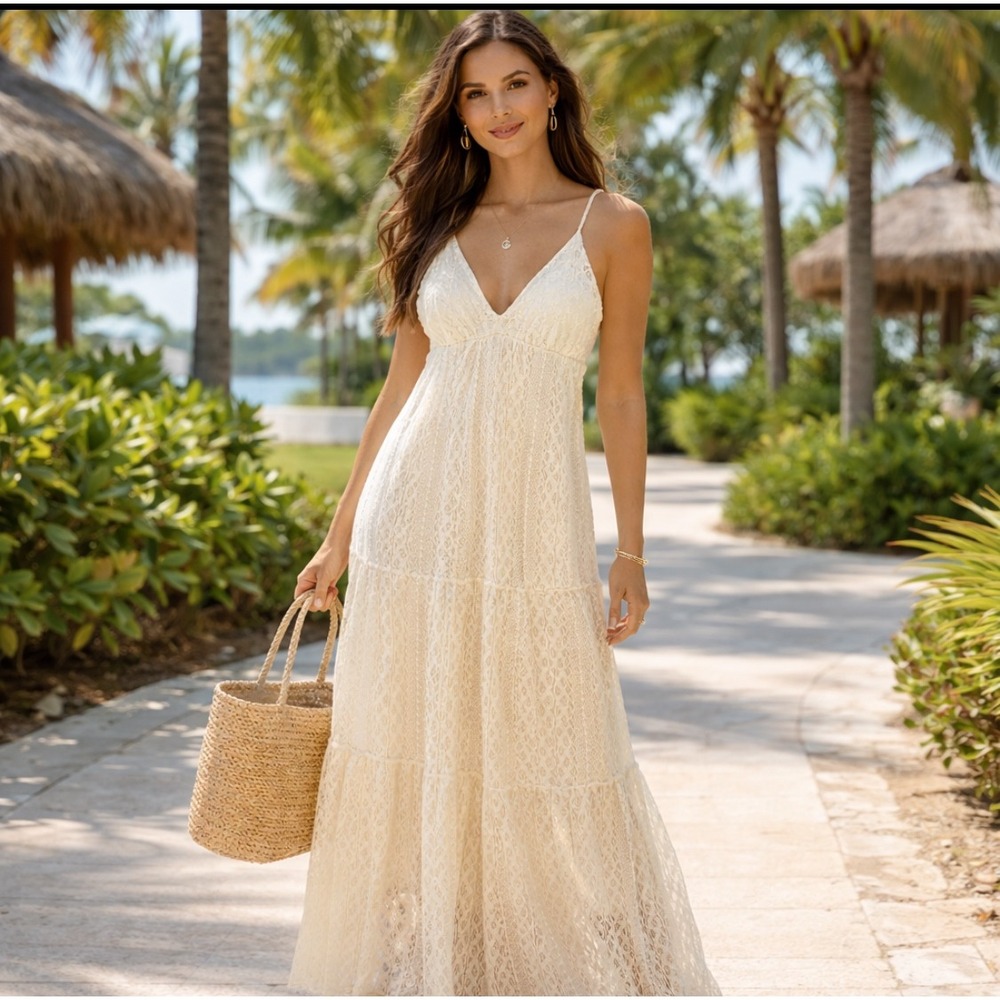 HeartSoul Women Lace Babydoll Maxi Dress Size L Tiered Ivory Summer Event NWT